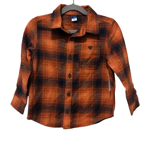 NWT Old Navy Orange Plaid Flannel Button Down Shirt Boys 4T 100% Cotton Fall - Picture 2 of 8